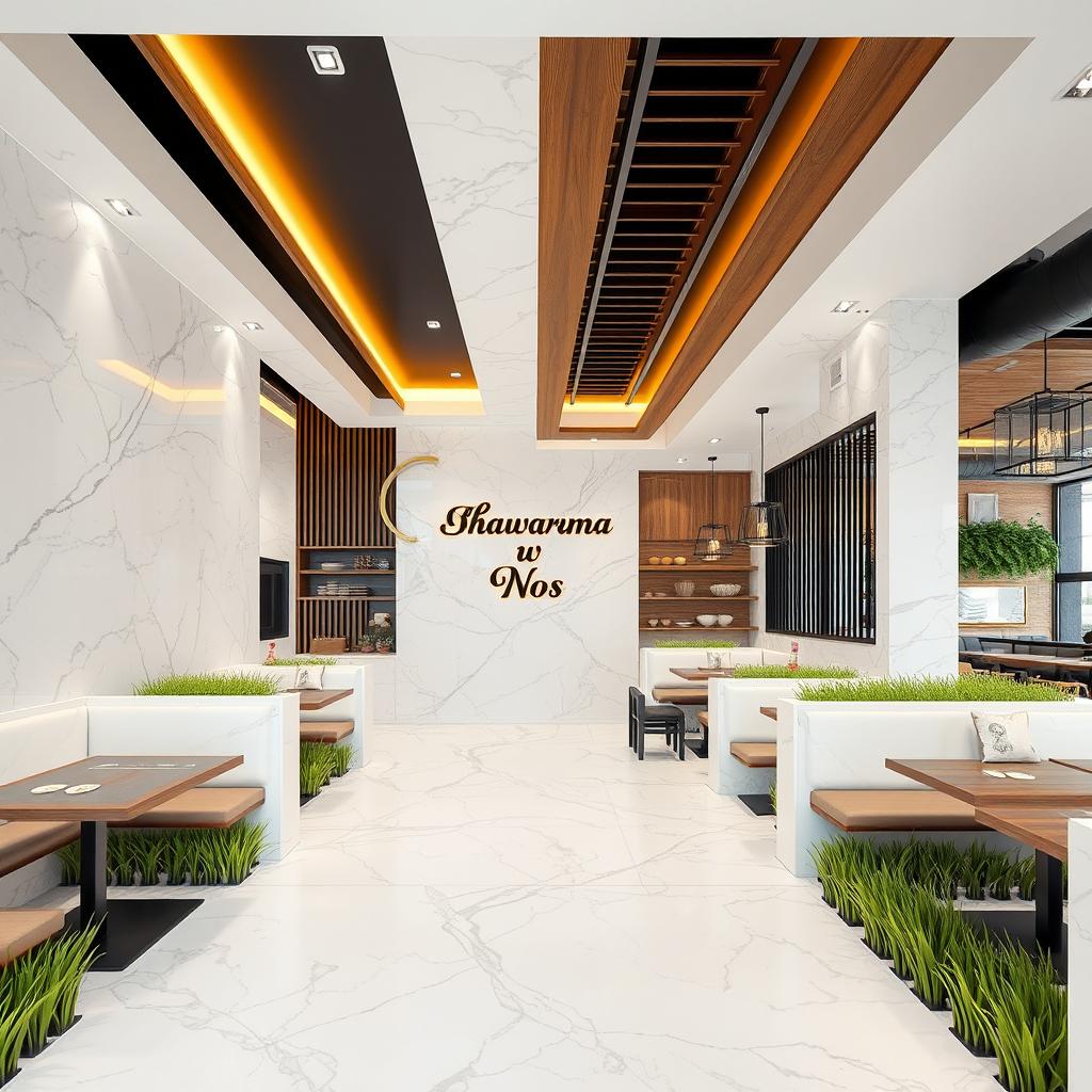 A modern yet warm and inviting design for a Shawarma restaurant named 'Shawarma w Nos' in Syria, featuring striking white marble walls and floors