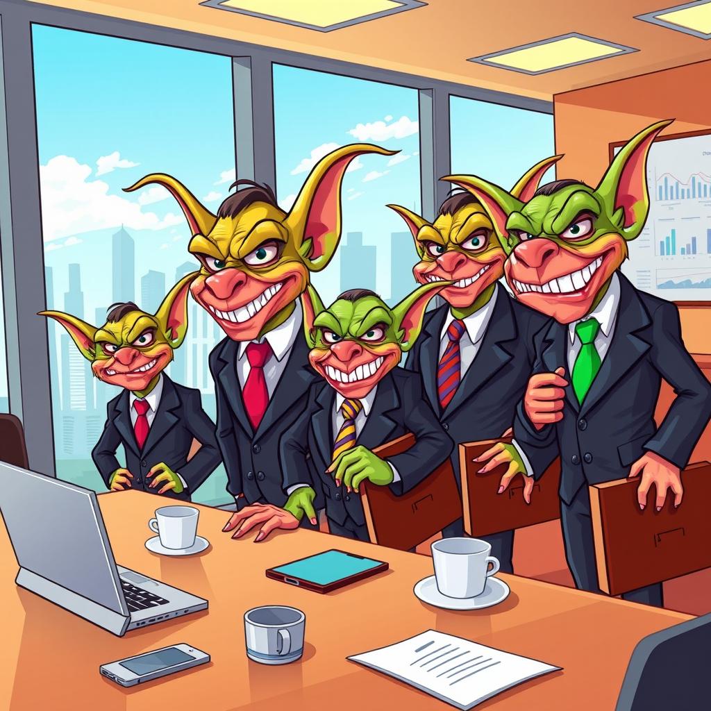 A humorous scene depicting goblin businessmen in a corporate setting, wearing tailored suits, colorful ties, and carrying briefcases