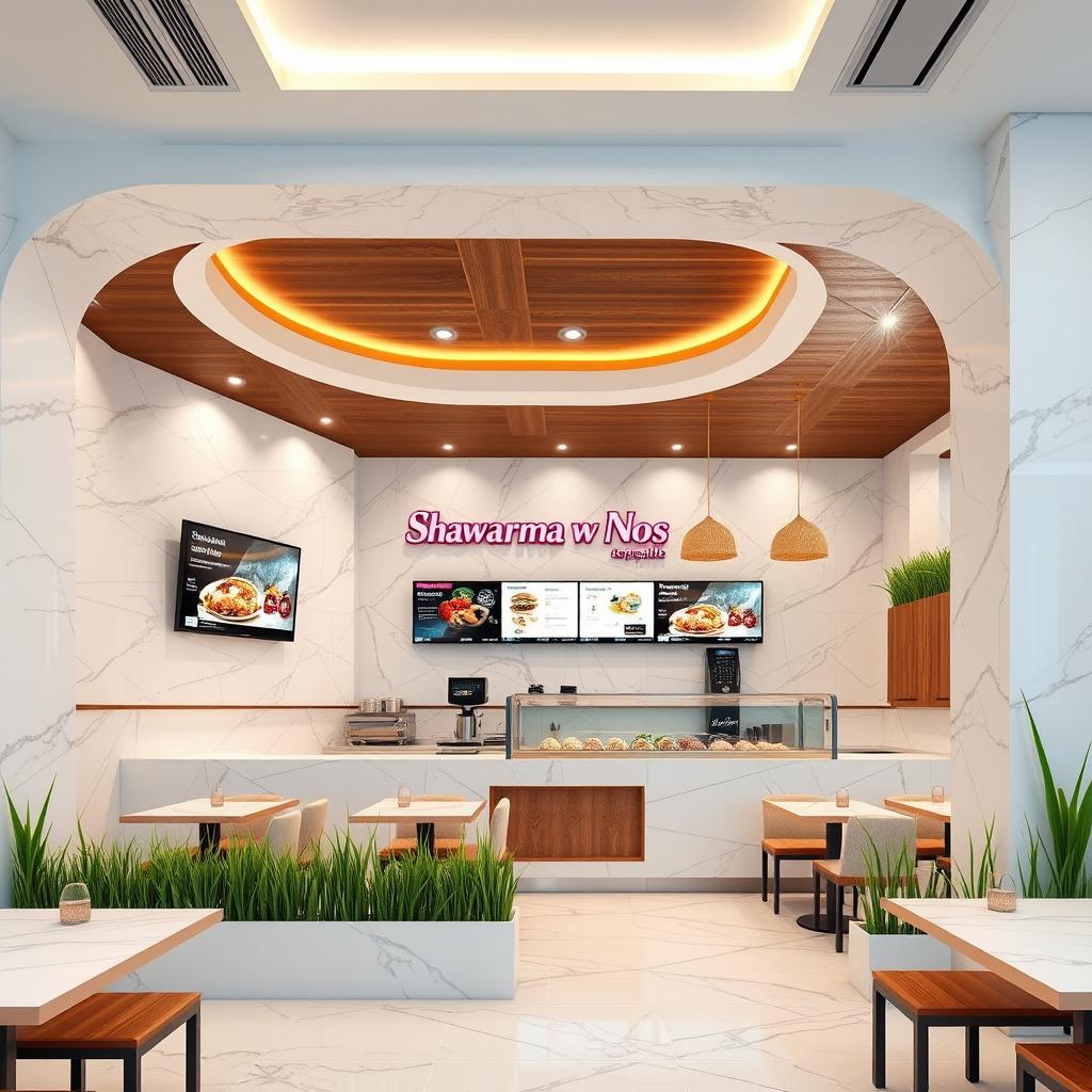 A modern yet warm and inviting design for a fast food restaurant named 'Shawarma w Nos' in Syria, specializing in delicious shawarma and quick meals