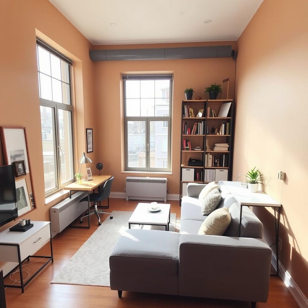 A stylish studio apartment featuring furniture arranged along one wall
