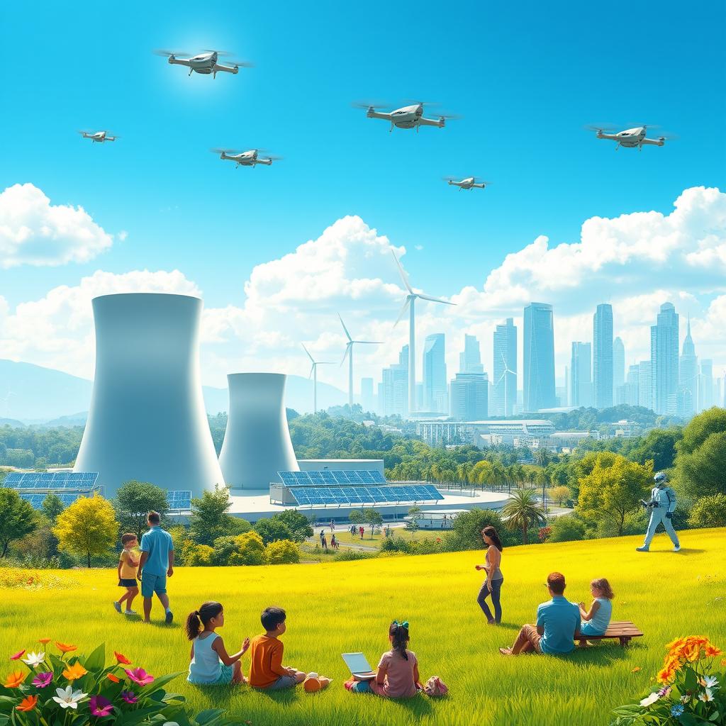 An imaginative and optimistic illustration showing the positive aspects of nuclear energy