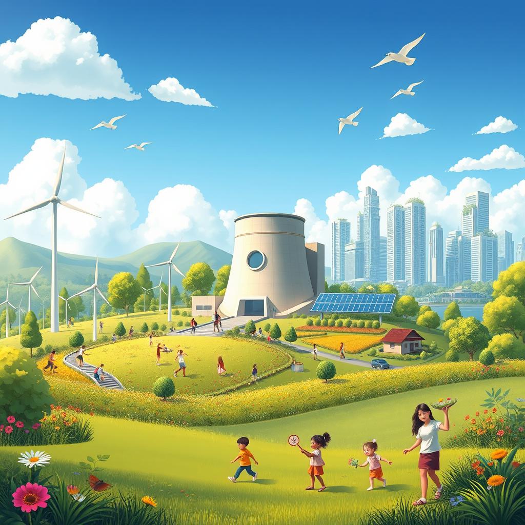 A colorful and uplifting illustration depicting the positive future of nuclear energy