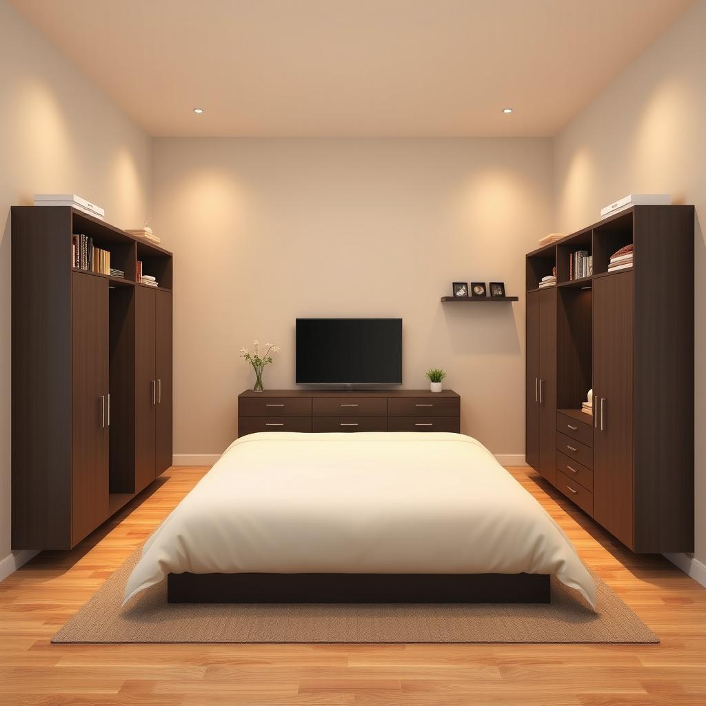 A 4x4 meter room featuring a large 2x2 meter bed positioned centrally against one wall