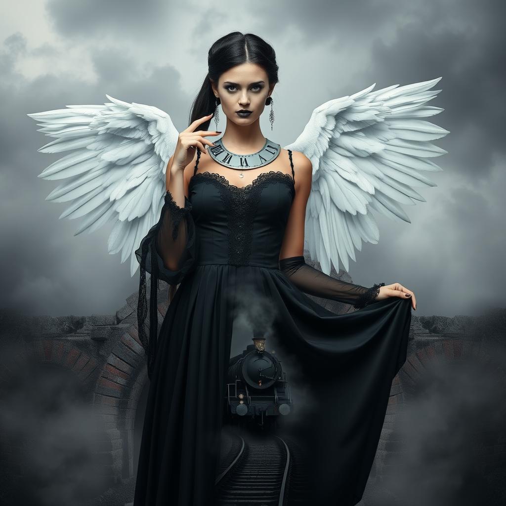 A striking gothic woman wearing a black dress, with half of her face transformed into a clock, symbolizing the passage of time