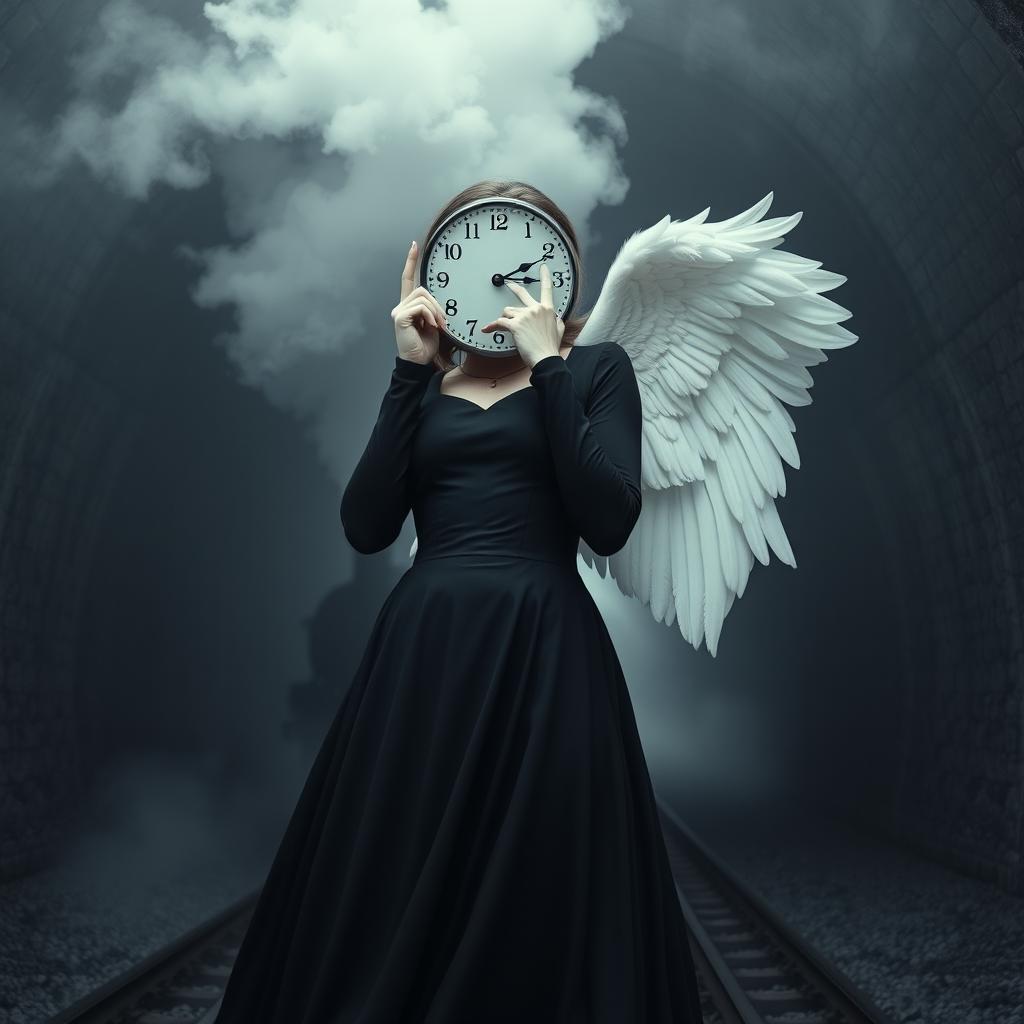 A gothic woman wearing a black dress, half of her face is replaced by a clock
