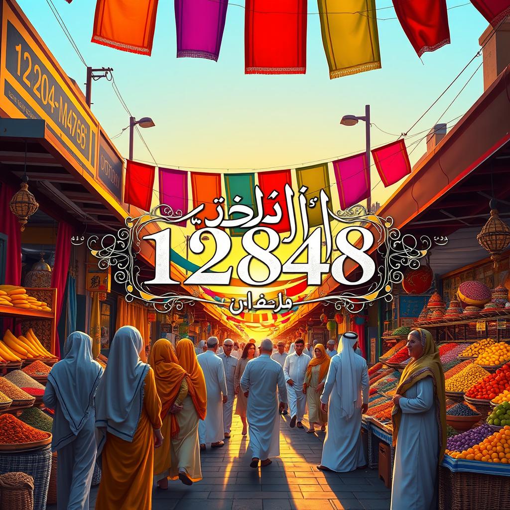 A vibrant street scene depicting a lively market in an Arabic city
