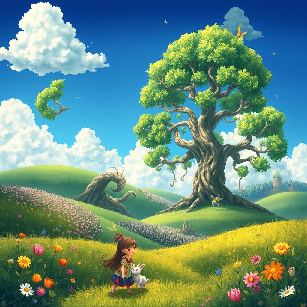 A whimsical landscape featuring lush green hills and vibrant, magical flowers under a bright blue sky with fluffy clouds