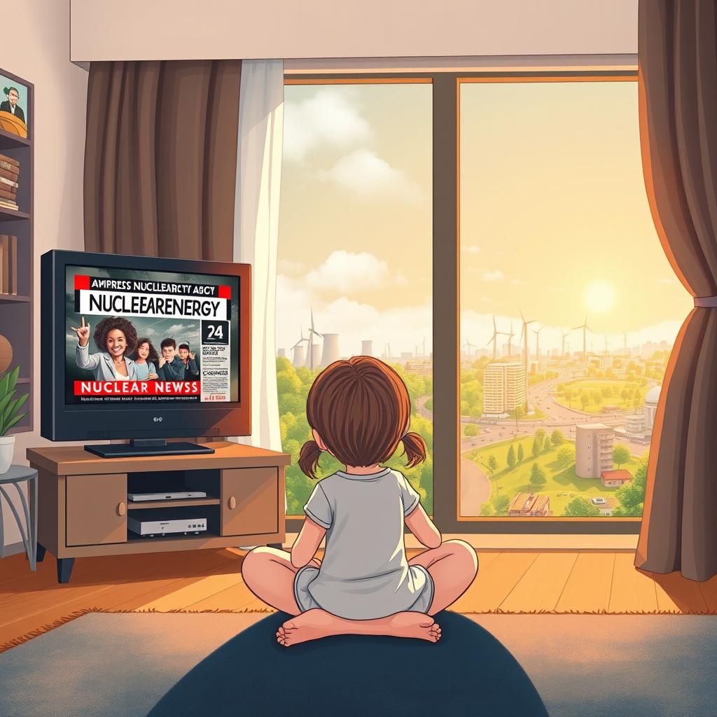 A thought-provoking illustration featuring a young girl sitting cross-legged on a cozy living room floor, her eyes glued to a television displaying sensationalized and misleading news about nuclear energy, with dramatic images and fearful headlines