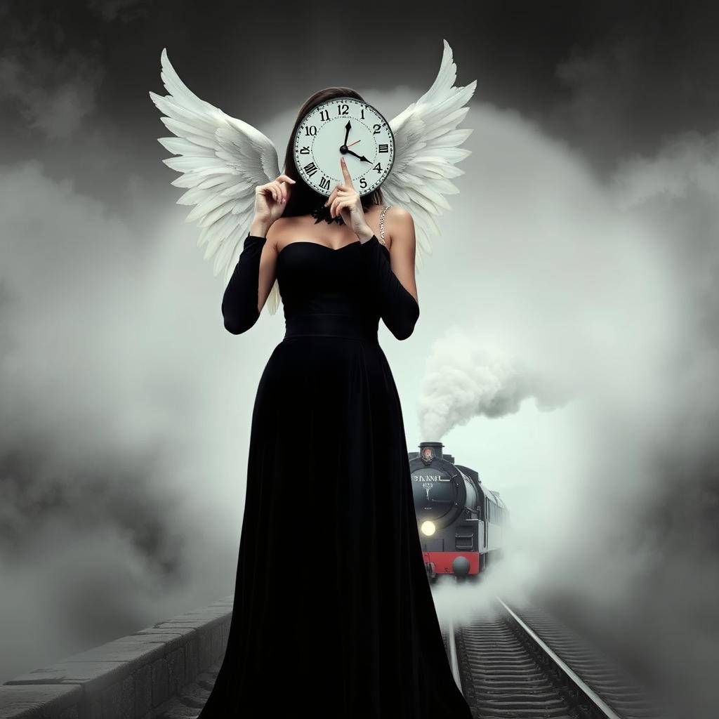 A stunning gothic woman in a black dress, half of her face transformed into a clock, symbolizing the passage of time