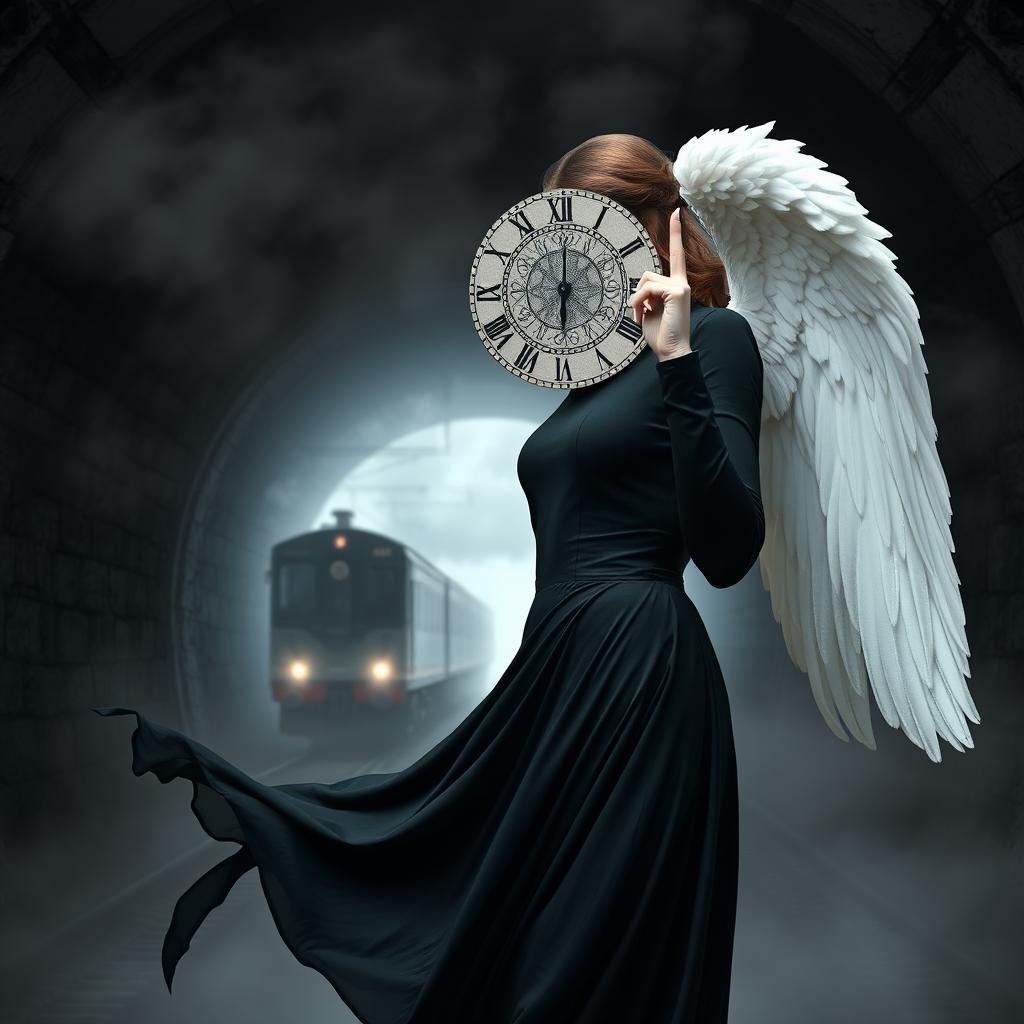A stunning gothic woman in a flowing black dress, half of her face transformed into an intricate clock, symbolizing the passage of time