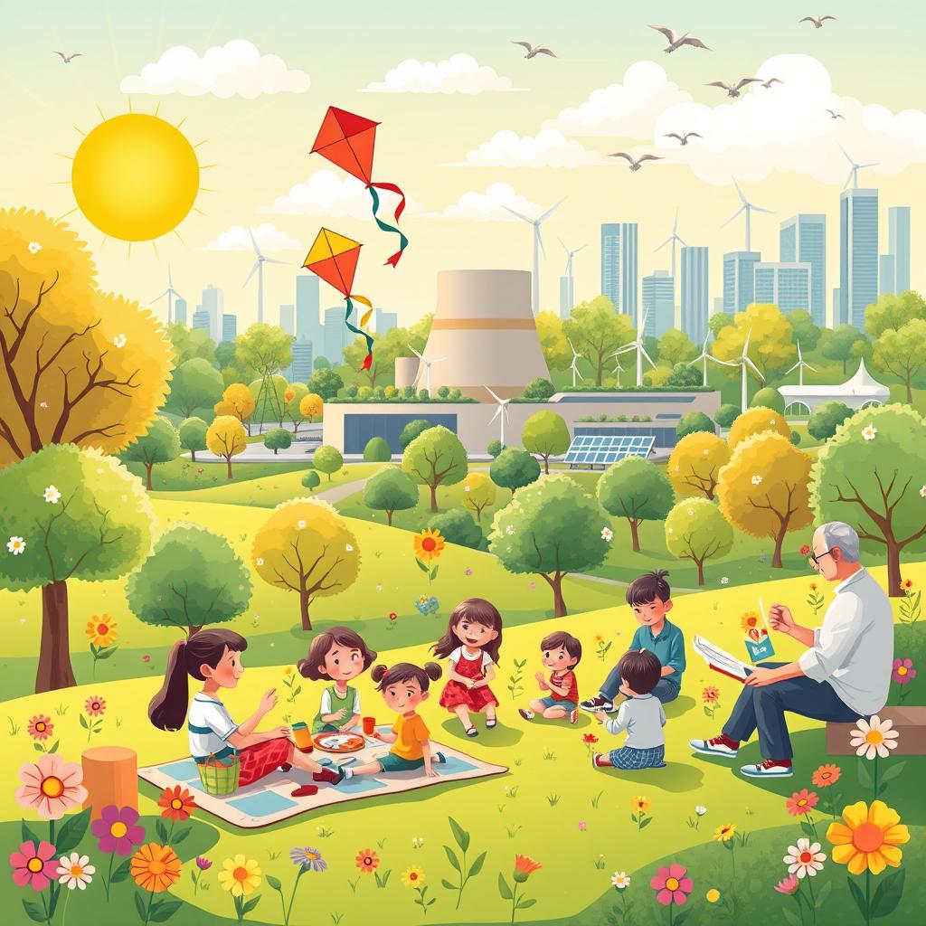 A whimsical and colorful illustration portraying the theme of clean nuclear energy