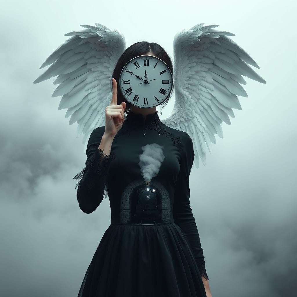 A gothic woman wearing a black dress, with half of her face transformed into a clock