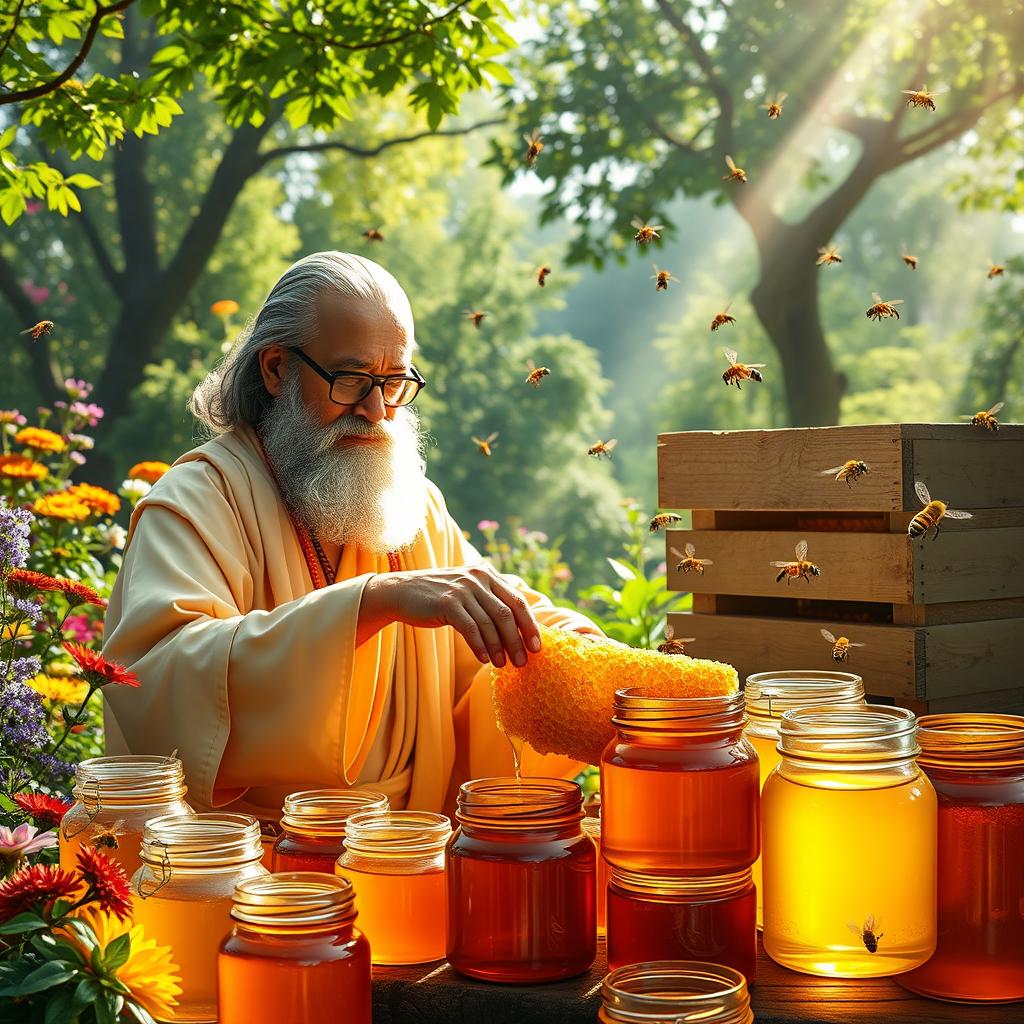 A realistic photo montage of a male god with a beard and glasses tending to a beehive
