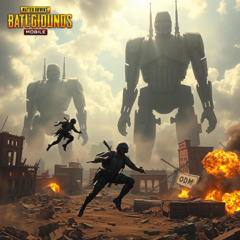 A dramatic battlefield scene merging elements of PUBG Mobile and Attack on Titan