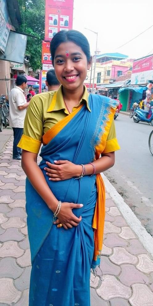 A young woman standing on a street, wearing a colorful traditional saree with intricate patterns, looking confidently at the viewer