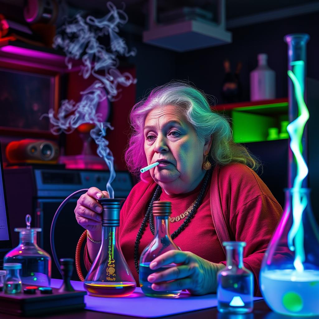 A realistic photomontage of an elderly woman, representing a goddess, with a corpulent figure, smoking from a hookah that is connected to a scientist's flask through an electric cable