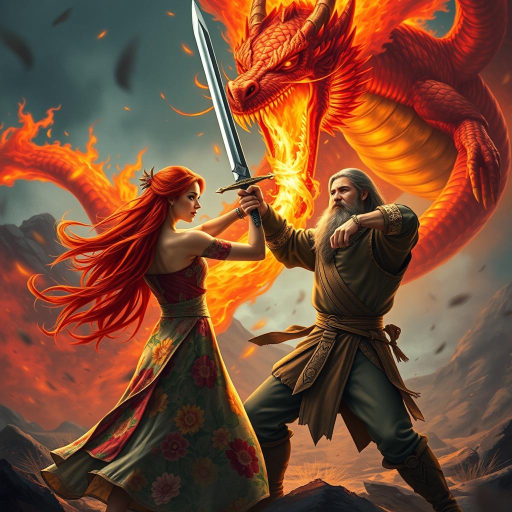 A fierce battle scene featuring a red-haired woman wearing a colorful flower-patterned dress, fighting alongside her bearded husband