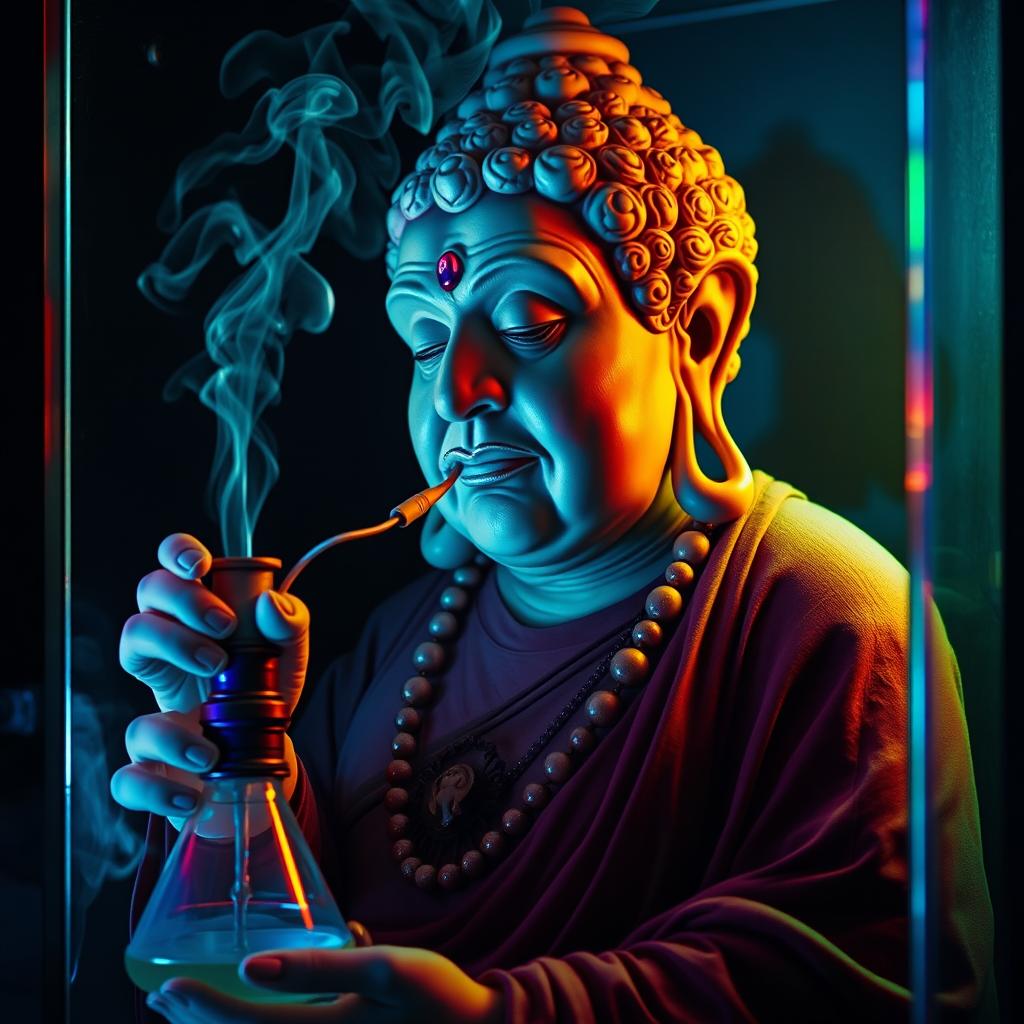 A realistic photomontage of an elderly, voluptuous female goddess resembling Buddha, smoking hookah from a scientist's flask connected by an electrical cord with a mouthpiece, set in a dark cabinet