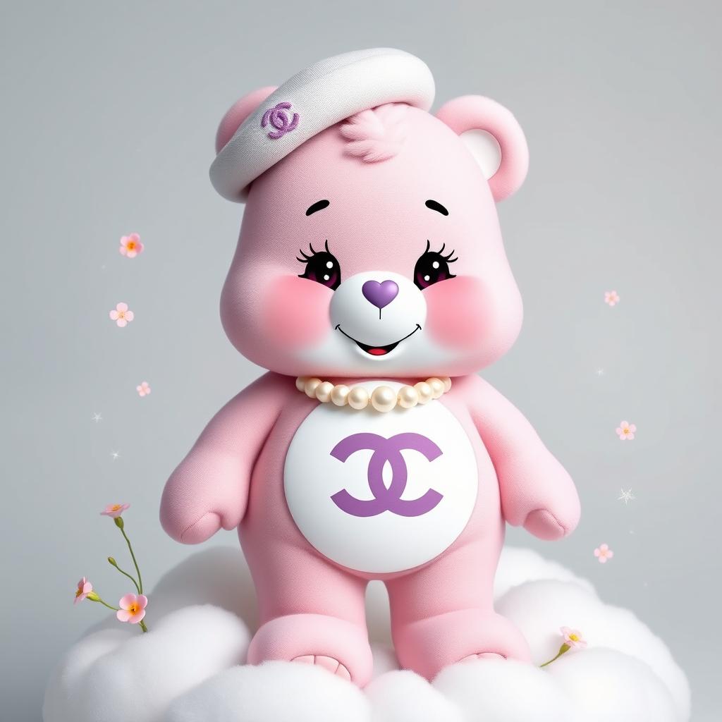 A charming and stylish Chanel-inspired Care Bear, featuring soft pastel colors like pink and lavender, adorned with iconic Chanel motifs such as interlocking Cs and elegant patterns