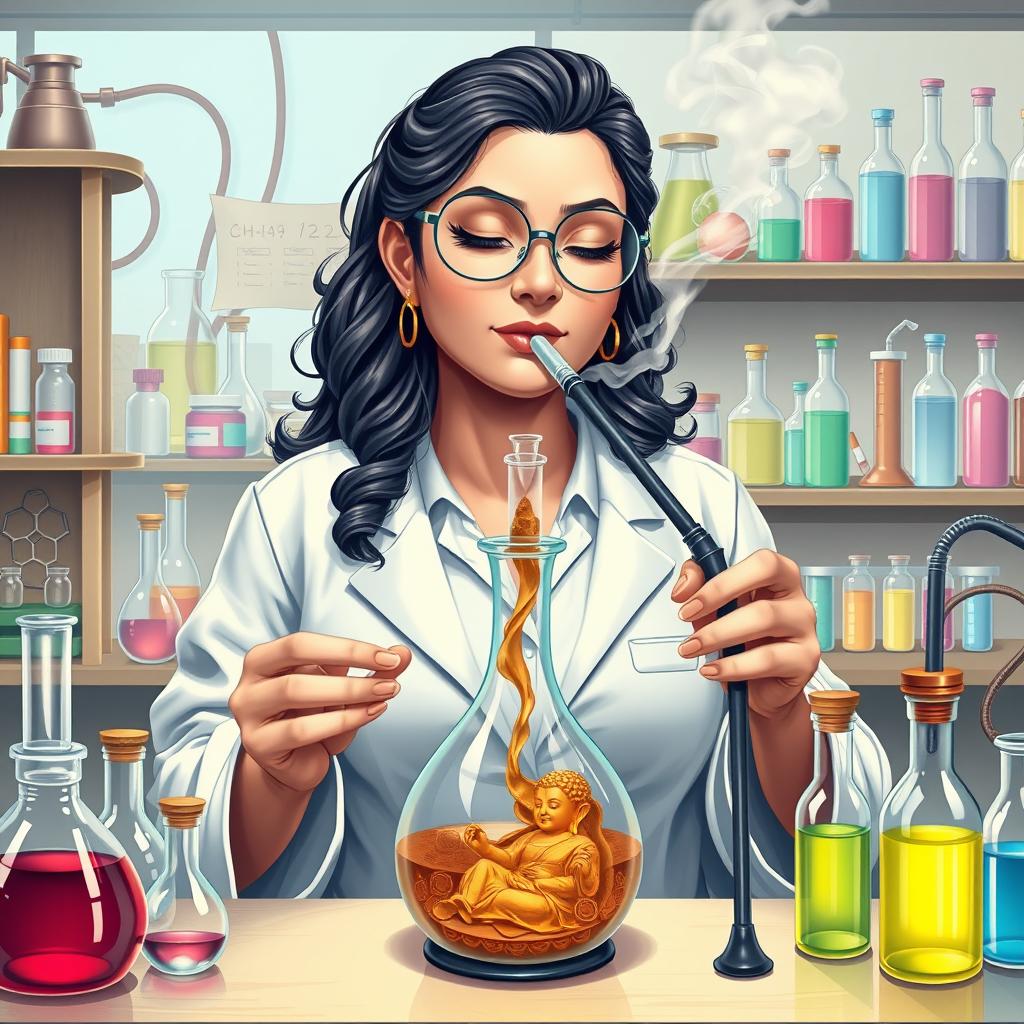 A realistic illustration of a plus-sized female scientist with Buddha features, smoking shisha inside a lab glass flask while using a water pipe with pistachio and chocolate flavored smoke