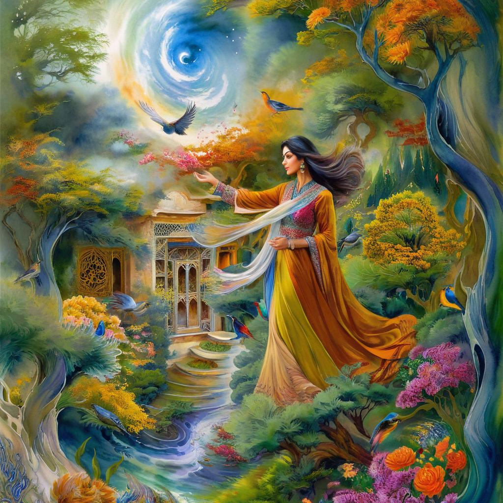 A mystical and spiritual watercolor painting of a beautiful Iranian woman standing inside a beautiful Iranian home amidst a swirl of colorful flowers, a maze of asymmetrical bonsai trees, cypress trees, grapevines, a whirlwind of beautiful little birds, and silk carpets in shades of green, blue, and yellow.