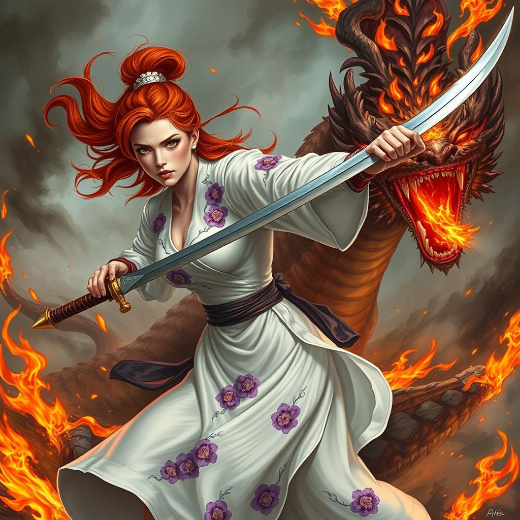 A fierce battle scene depicting a middle-aged woman with striking red hair, dressed in a flowing white dress adorned with intricate purple flowers, boldly wielding a sword
