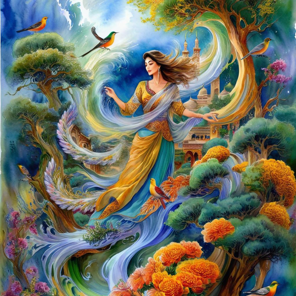 A mystical and spiritual watercolor painting of a beautiful Iranian woman standing inside a beautiful Iranian home amidst a swirl of colorful flowers, a maze of asymmetrical bonsai trees, cypress trees, grapevines, a whirlwind of beautiful little birds, and silk carpets in shades of green, blue, and yellow.