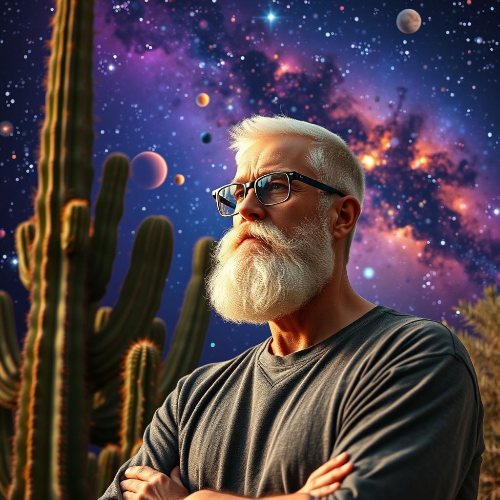 A tall white man with a well-groomed beard, short hair, and wearing glasses is standing thoughtfully in front of a majestic cactus