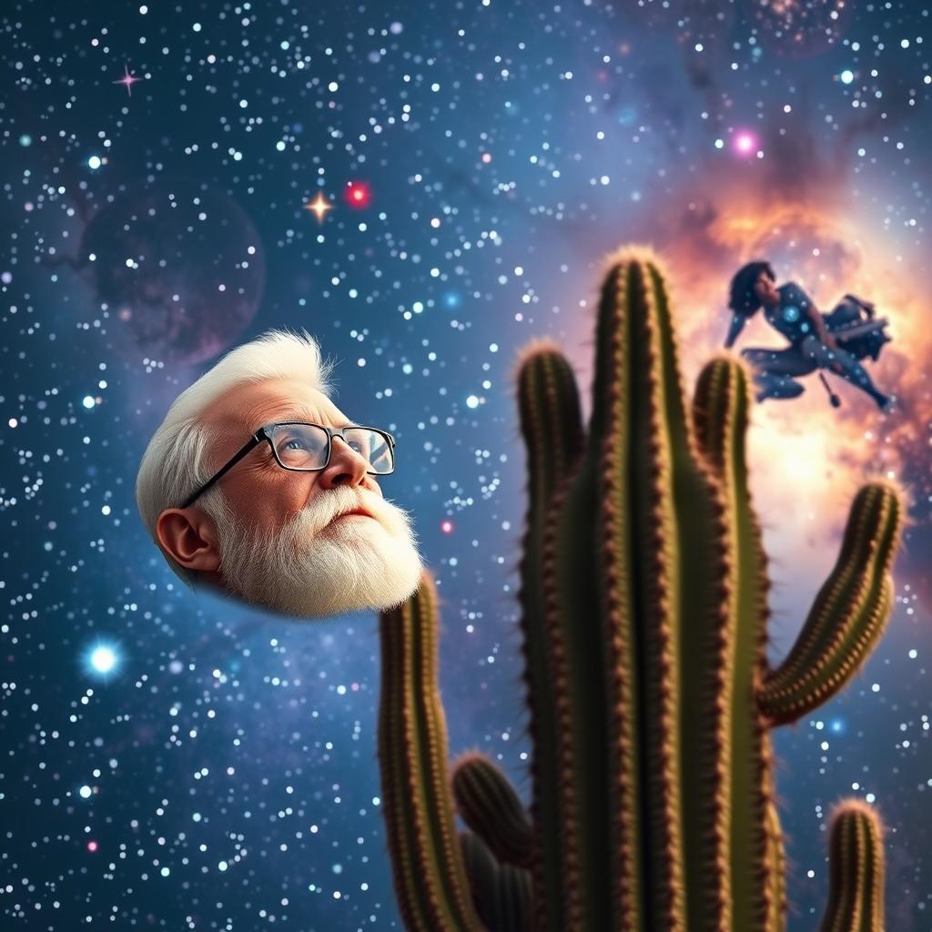 A tall white man with a white goatee, short hair, and glasses stands thoughtfully in front of a large cactus