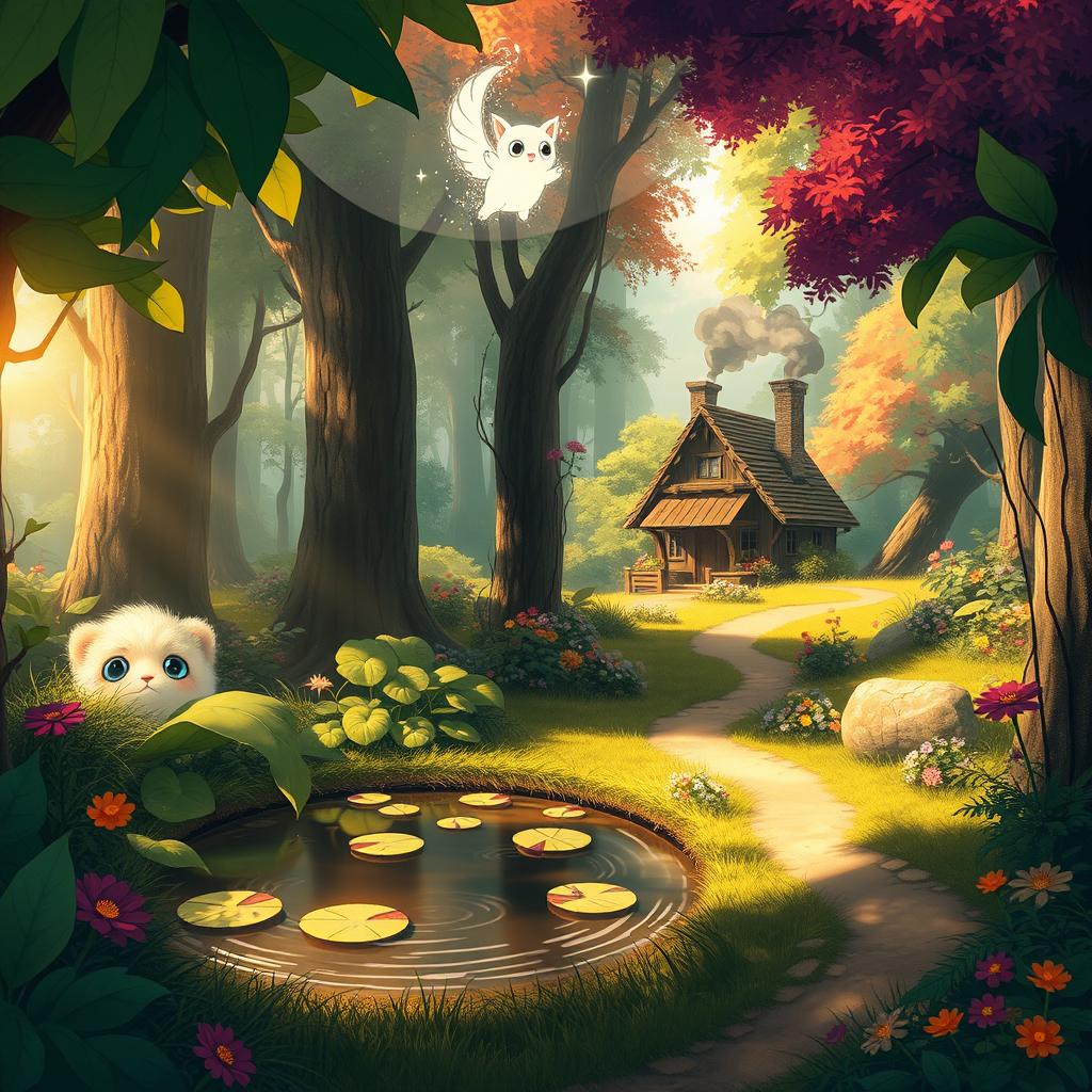 An enchanting forest scene filled with vibrant, oversized foliage and whimsical, mystical creatures inspired by Studio Ghibli