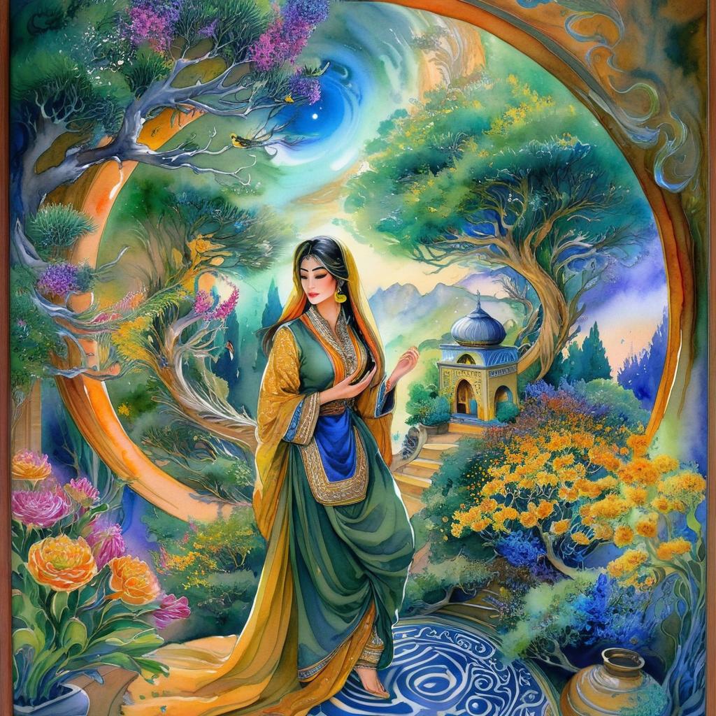 A mystical and spiritual watercolor painting of a beautiful Iranian woman standing inside a beautiful Iranian home amidst a swirl of colorful flowers, a maze of asymmetrical bonsai trees, cypress trees, grapevines, a whirlwind of beautiful little birds, and silk carpets in shades of green, blue, and yellow.