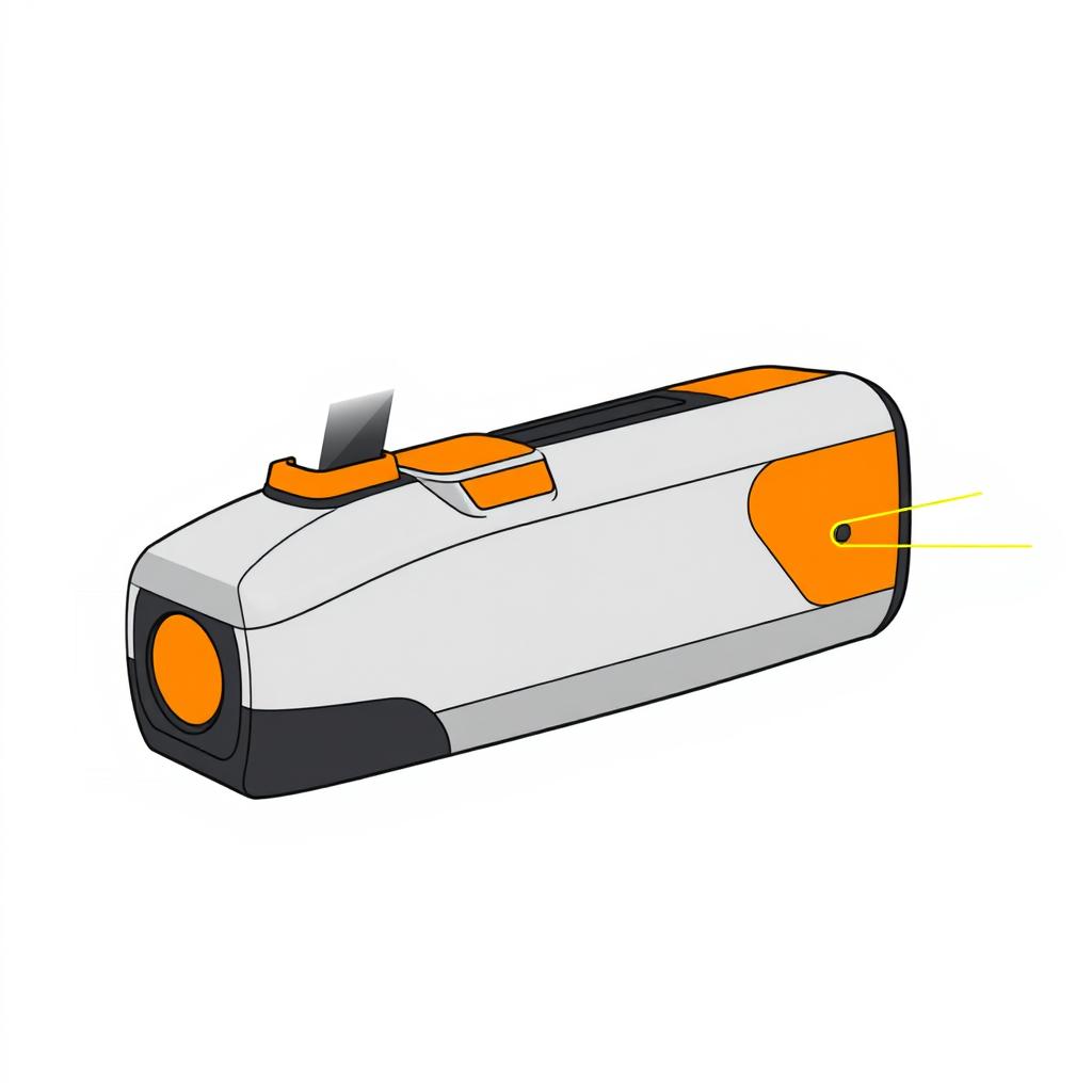 A 2D simple drawing of a handheld laser cutter, featuring a sleek design with a silver body, orange accents, and black details