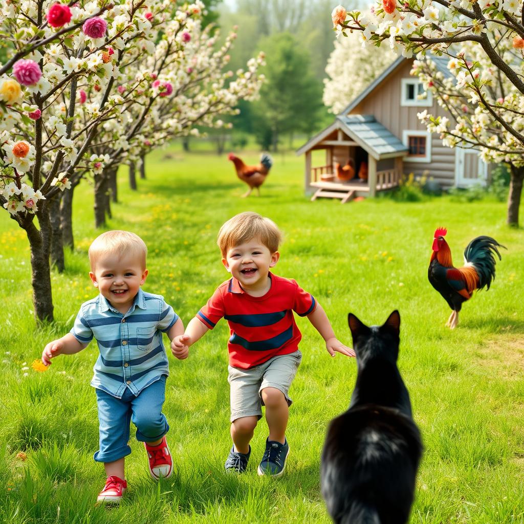 A vibrant scene of three young boys, one a toddler and the others aged 4 and 6, joyfully playing in a lush orchard filled with flowering trees