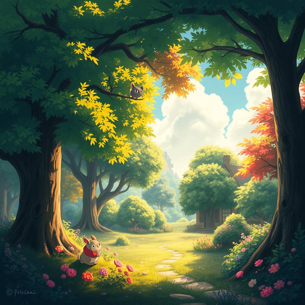 An enchanting forest scene inspired by Studio Ghibli, featuring vibrant, lush trees and a magical, fairy-tale atmosphere