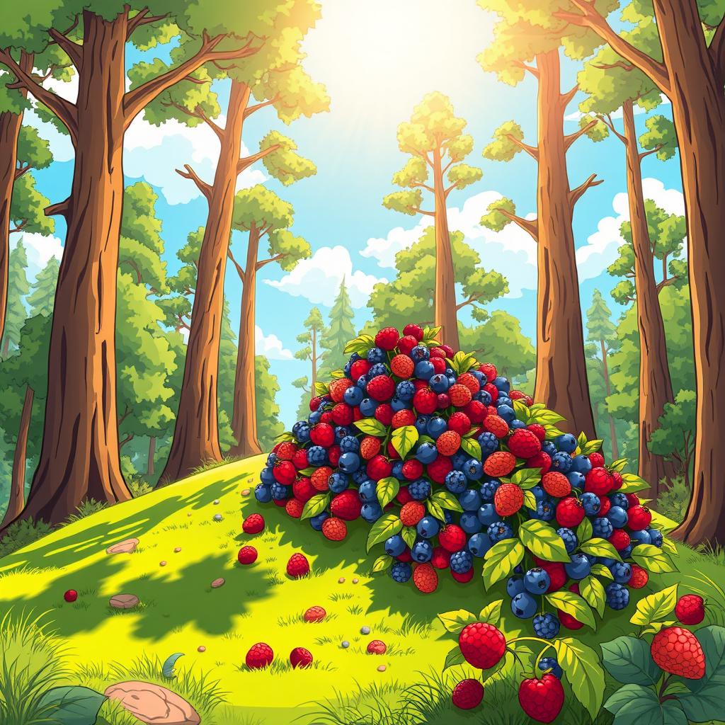 A wide shot of a sunny forest scene illustrated in a cartoonish comic style, featuring a vibrant green hill adorned with a bush bursting with colorful berries