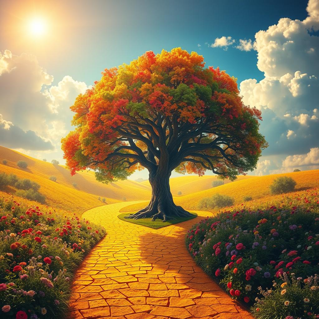 A stunning landscape depicting streets made of gold under a radiant sky