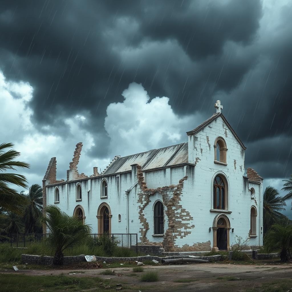 An atmospheric scene depicting the ruins of a white old Romanic church under the dramatic effects of a hurricane