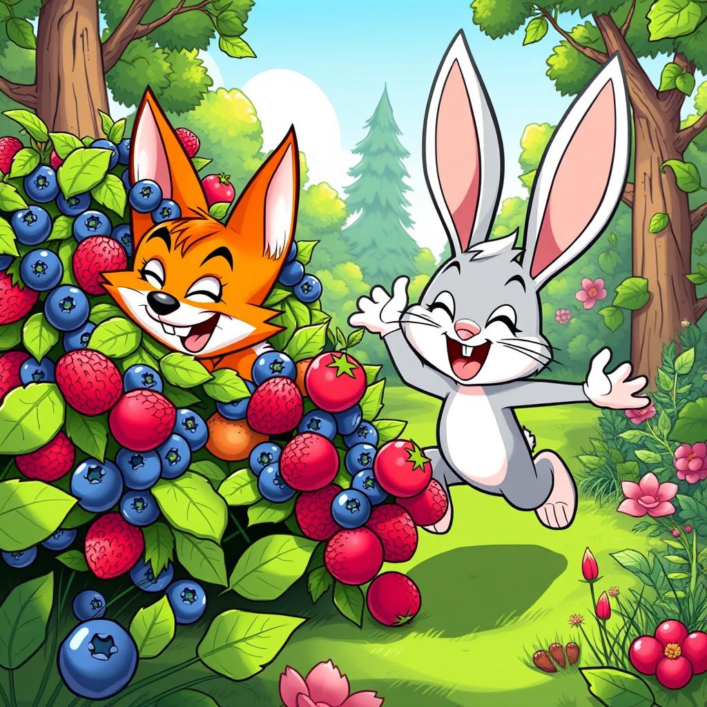A dynamic cartoonic comic scene featuring two characters, Foxy and Bunny, excitedly spotting a berry bush bursting with colorful berries
