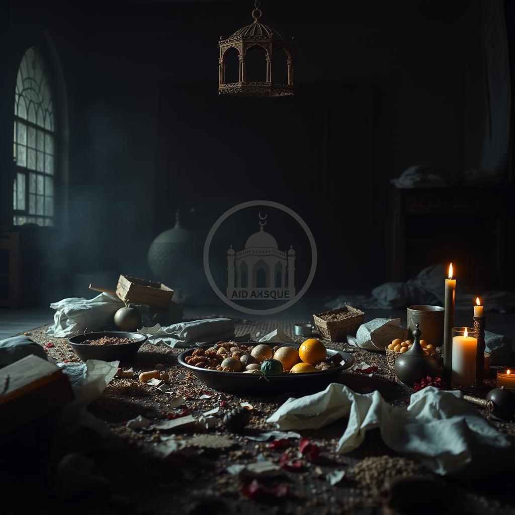 A dramatic interpretation of Eid al-Fitr, symbolizing the devastation and starvation occurring in Gaza, featuring an understated yet impactful representation of the Al-Aqsa Mosque logo subtly integrated into the scene