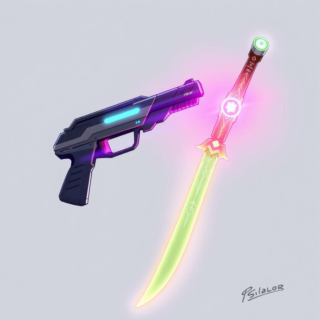 A simple 2D drawing of a futuristic plasma pistol and an energy katana, with bright neon colors representing energy flows