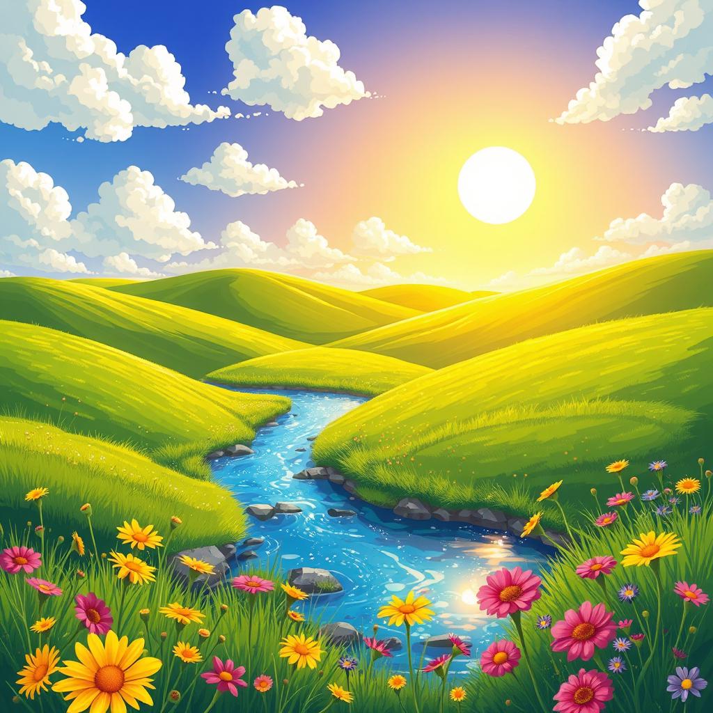 A vibrant and colorful 2D illustration inspired by the referenced photo, showcasing a lush landscape with rolling green hills and a bright blue sky filled with fluffy white clouds