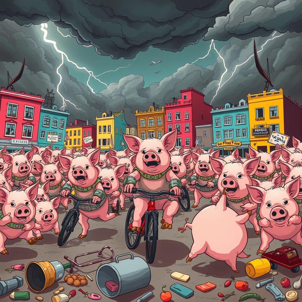 A surreal and imaginative scene depicting a pig apocalypse, where hordes of cartoonish, anthropomorphic pigs are rampaging through a vibrant city
