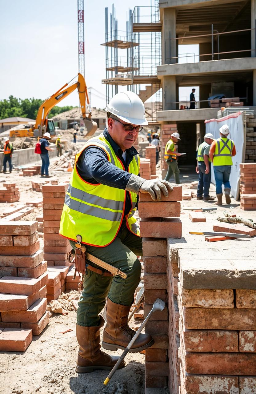 A dynamic scene of a skilled mason (albañil) working on a construction site, showcasing traditional masonry techniques