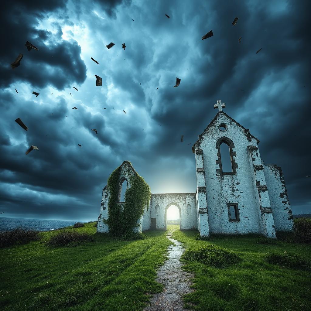 A dramatic scene featuring an old medieval church ruin, white in color, battered by a fierce hurricane
