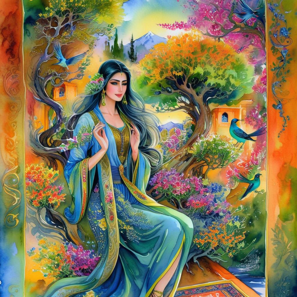 A mystical and spiritual watercolor painting of a beautiful Iranian woman standing inside a beautiful Iranian home amidst a swirl of colorful flowers, a maze of asymmetrical bonsai trees, cypress trees, grapevines, a whirlwind of beautiful little birds, and silk carpets in shades of green, blue, and yellow.