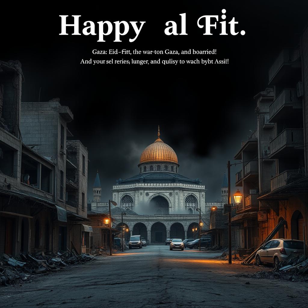A dramatic expression of Eid al-Fitr set against the backdrop of war-torn Gaza, emphasizing the themes of destruction, hunger, and loss