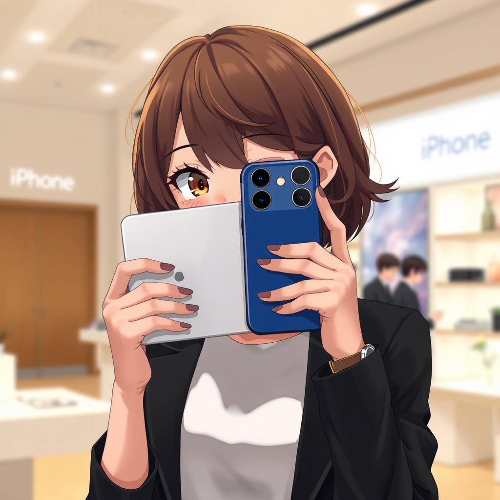 A character inspired by Studio Ghibli style, a girl with short, flowing hair, partially covering her face with an iPhone 16 Pro