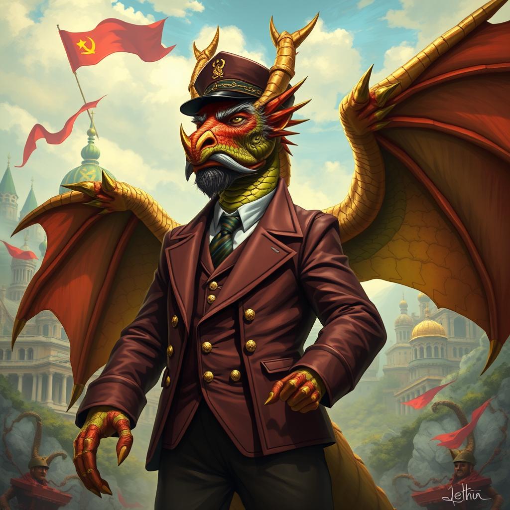 A dragonborn character inspired by the likeness of Lenin, depicted with distinct dragon features such as scales, elongated snout, and large, majestic wings