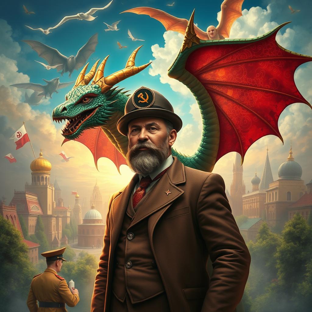 A dragonborn character inspired by Lenin, featuring distinctive dragon traits such as shimmering scales, sharp horns, and majestic wings