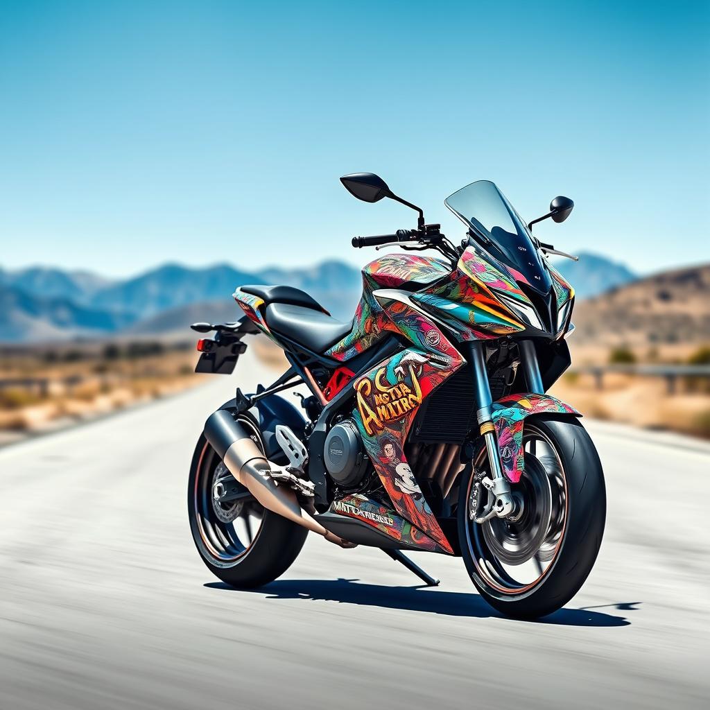 A stunning Moto Morini Calibro 700 motorcycle, showcasing breathtaking aerography with intricate designs and vibrant colors